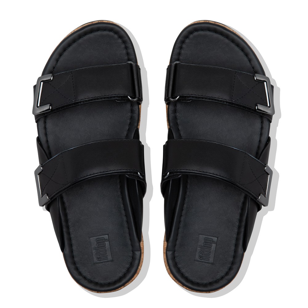 Fitflop Womens Slides Black - Remi Adjustable Leather - UR1052976